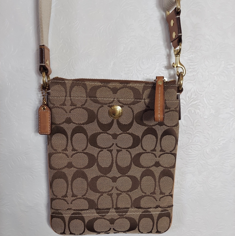 Coach Signature Hampton Crossbody Swingpack, Tan and Brown Jacquard with Leather